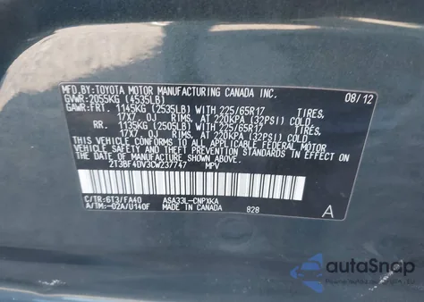 2012 Toyota Rav4 from USA, damaged, VIN 2T3BF4DV3CW237747